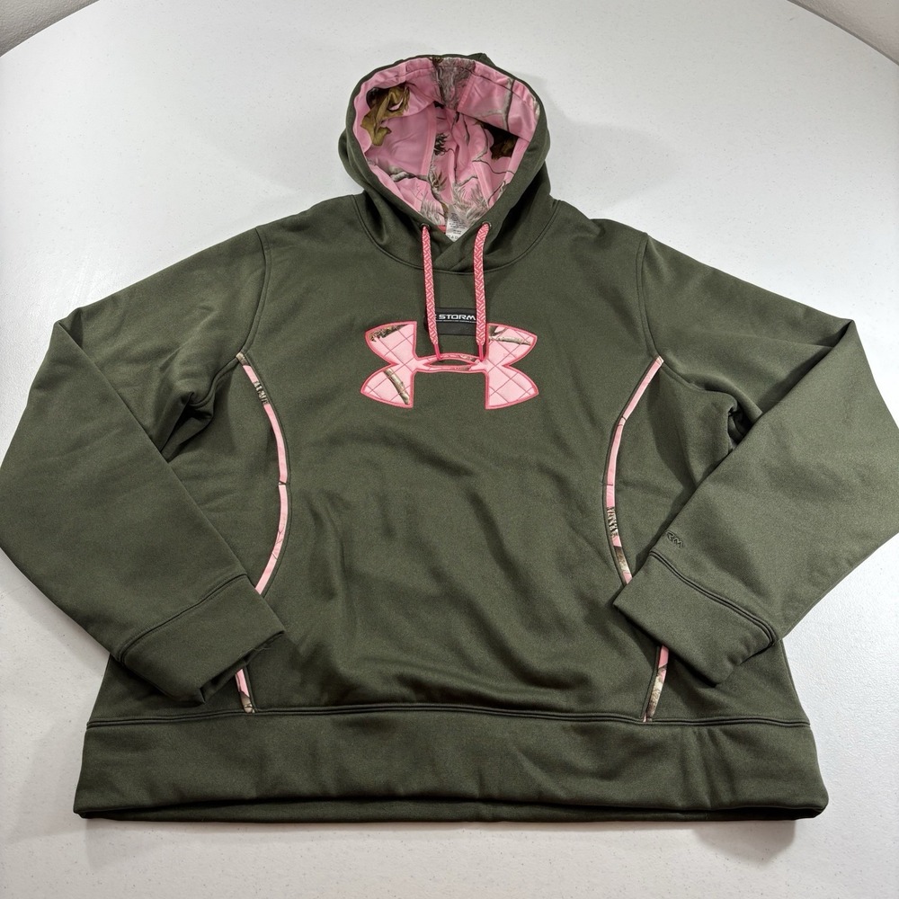 Under Armour UA Storm Caliber Hoodie Hunting Green AP Pink Camo Women's XXL EUC!